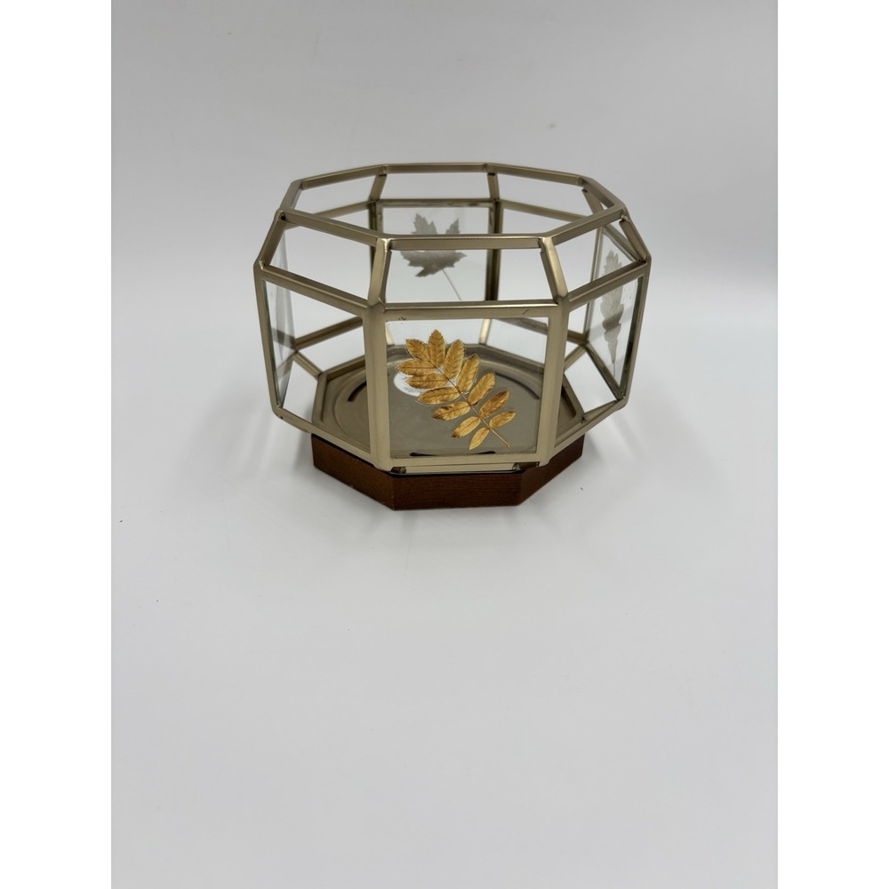 Bath & Body Works Gold Leaves Wood Base 3 Wick Candle Holder Sleeve - Picture 2 of 7